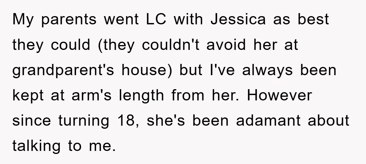 My parents went LC with Jessica as best they could (they couldn't avoid her at grandparent's house) but I've always been kept at arm's length from her. However since turning...