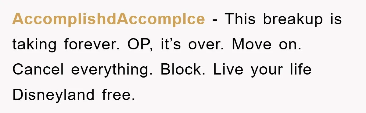 AccomplishdAccomplce - This breakup is taking forever. OP, it’s over. Move on. Cancel everything. Block. Live your life Disneyland free.