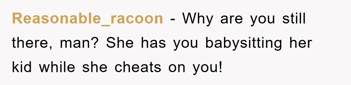 Reasonable_racoon - Why are you still there, man? She has you babysitting her kid while she cheats on you!