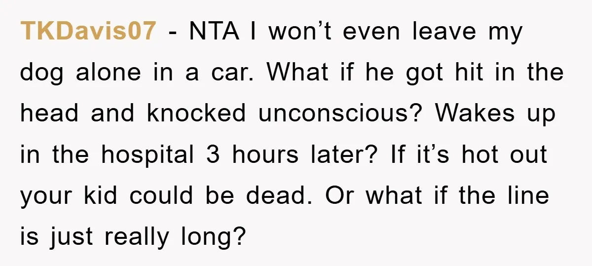 TKDavis07 − NTA I won’t even leave my dog alone in a car. What if he got hit in the head and knocked unconscious? Wakes up in the hospital 3...