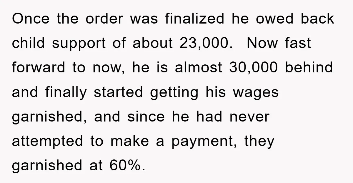 Once the order was finalized he owed back child support of about 23,000. Now fast forward to now, he is almost 30,000 behind and finally started getting his wages garnished,...