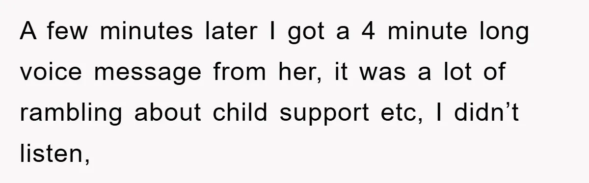 A few minutes later I got a 4 minute long voice message from her, it was a lot of rambling about child support etc, I didn’t listen,