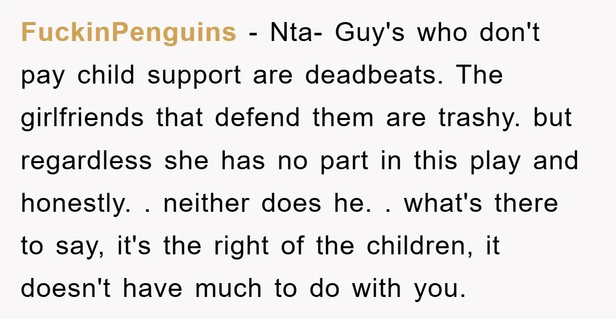 FuckinPenguins − Nta- Guy's who don't pay child support are deadbeats. The girlfriends that defend them are trashy. but regardless she has no part in this play and honestly. ....