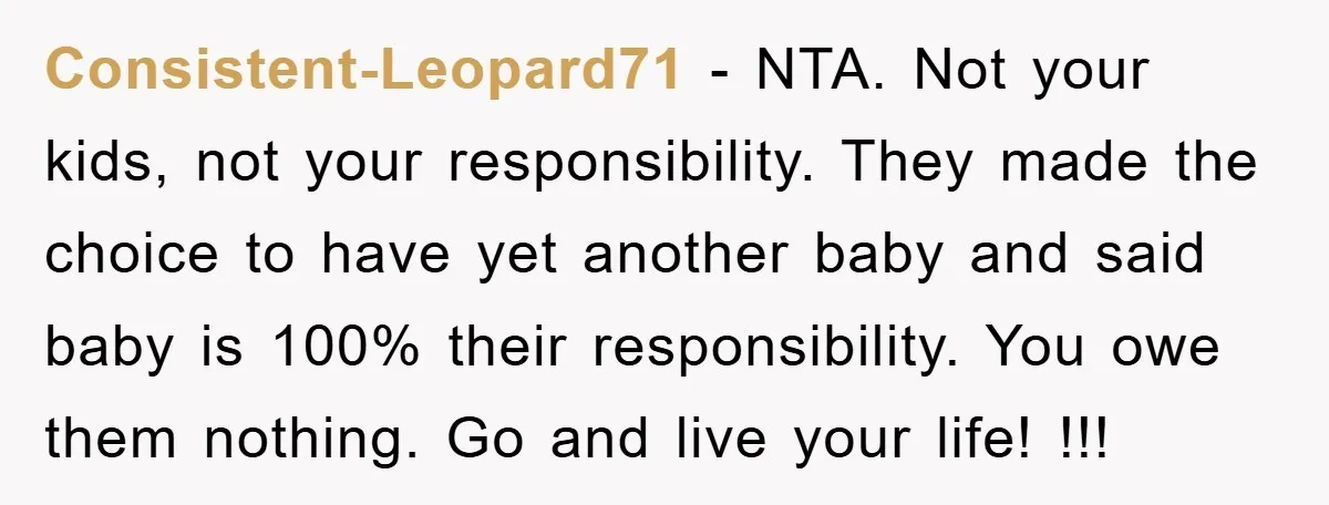 Consistent-Leopard71 − NTA. Not your kids, not your responsibility. They made the choice to have yet another baby and said baby is 100% their responsibility. You owe them nothing. Go...
