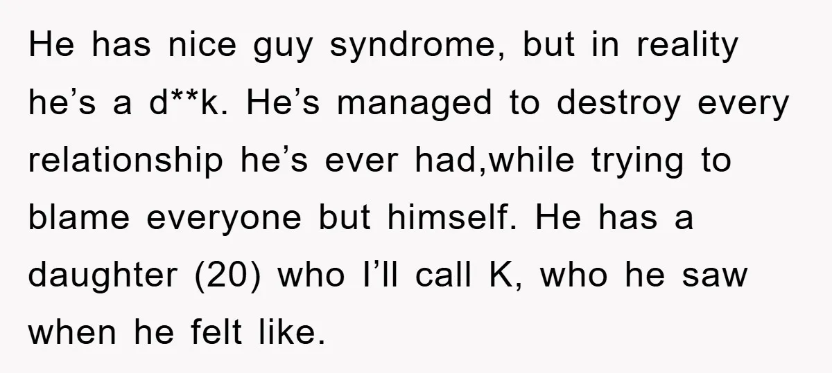 He has nice guy syndrome, but in reality he’s a d**k. He’s managed to destroy every relationship he’s ever had,while trying to blame everyone but himself. He has a daughter...