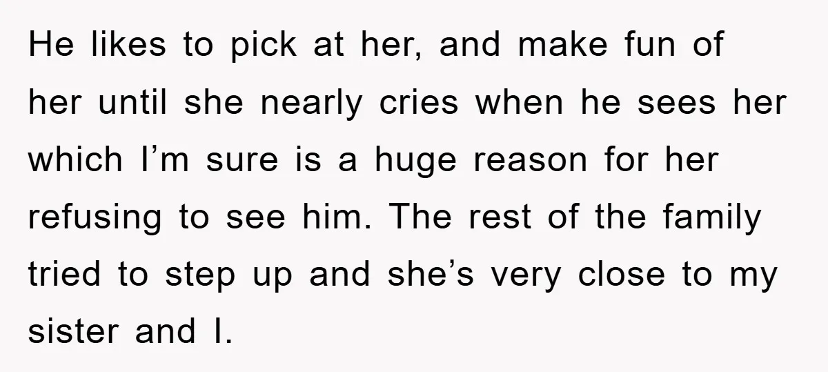 He likes to pick at her, and make fun of her until she nearly cries when he sees her which I’m sure is a huge reason for her refusing to...