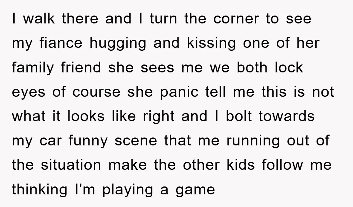 I walk there and I turn the corner to see my fiance hugging and kissing one of her family friend she sees me we both lock eyes of course she...