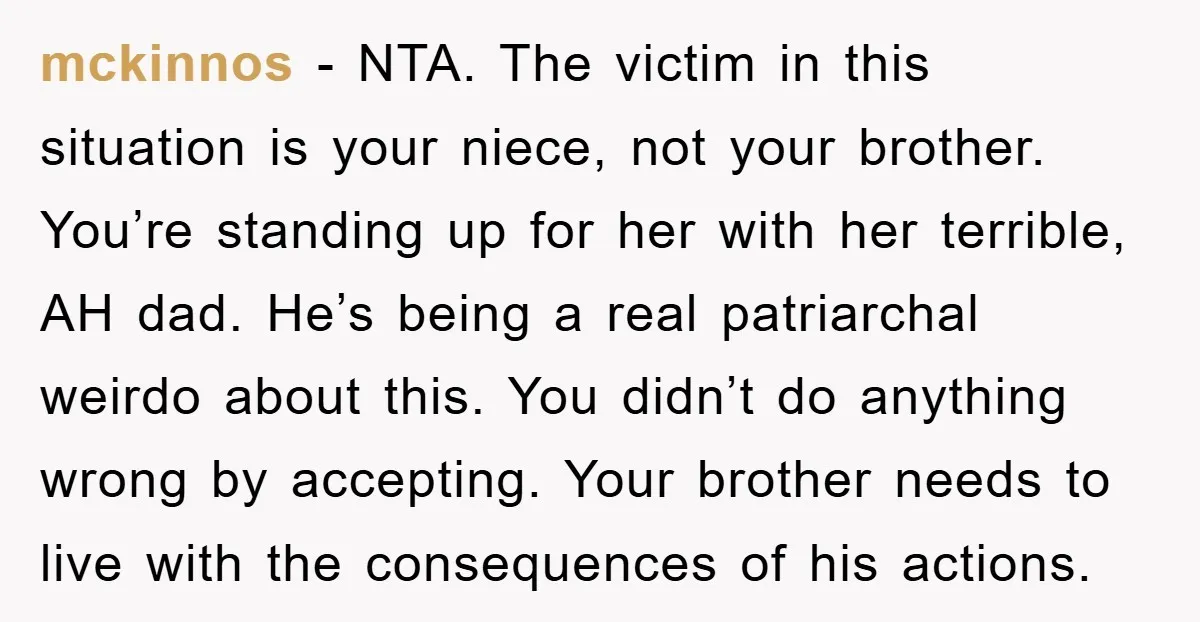 mckinnos − NTA. The victim in this situation is your niece, not your brother. You’re standing up for her with her terrible, AH dad. He’s being a real patriarchal weirdo...