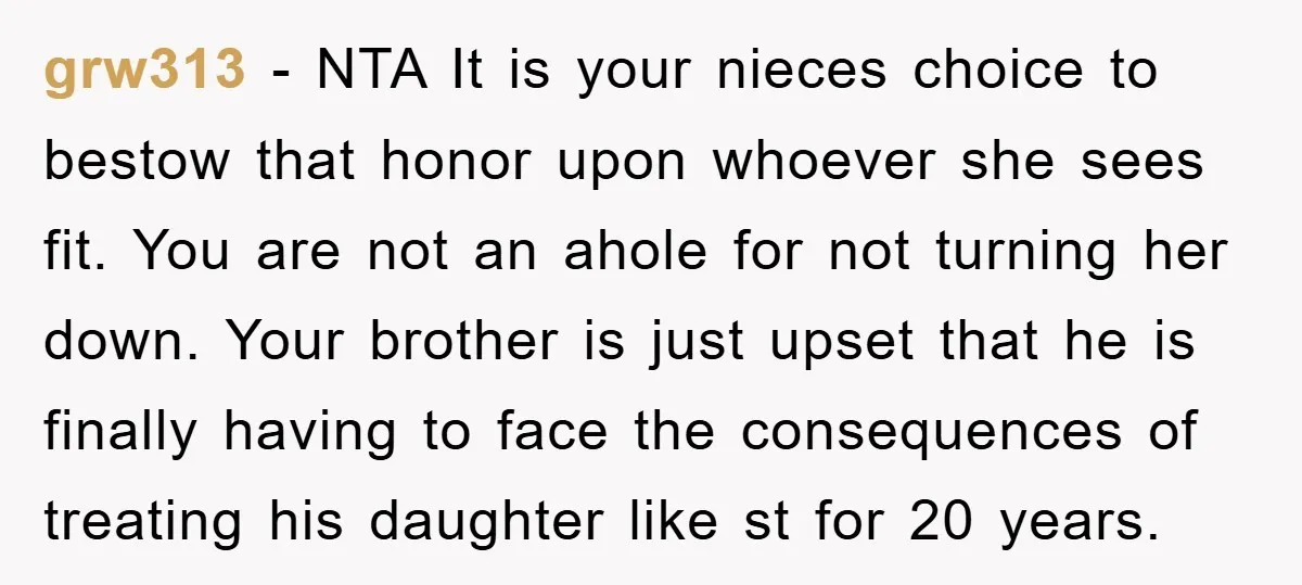 grw313 − NTA It is your nieces choice to bestow that honor upon whoever she sees fit. You are not an ahole for not turning her down. Your brother is...