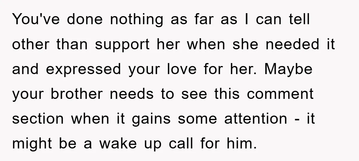 You've done nothing as far as I can tell other than support her when she needed it and expressed your love for her. Maybe your brother needs to see this...