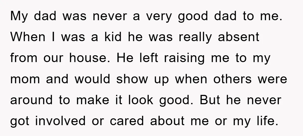 My dad was never a very good dad to me. When I was a kid he was really absent from our house. He left raising me to my mom and...