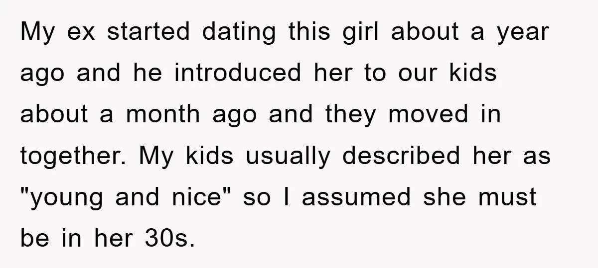My ex started dating this girl about a year ago and he introduced her to our kids about a month ago and they moved in together. My kids usually described...