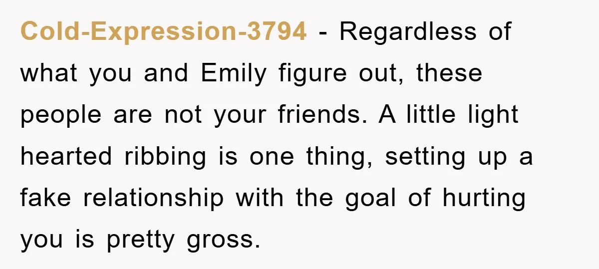 Cold-Expression-3794 - Regardless of what you and Emily figure out, these people are not your friends. A little light hearted ribbing is one thing, setting up a fake relationship with...