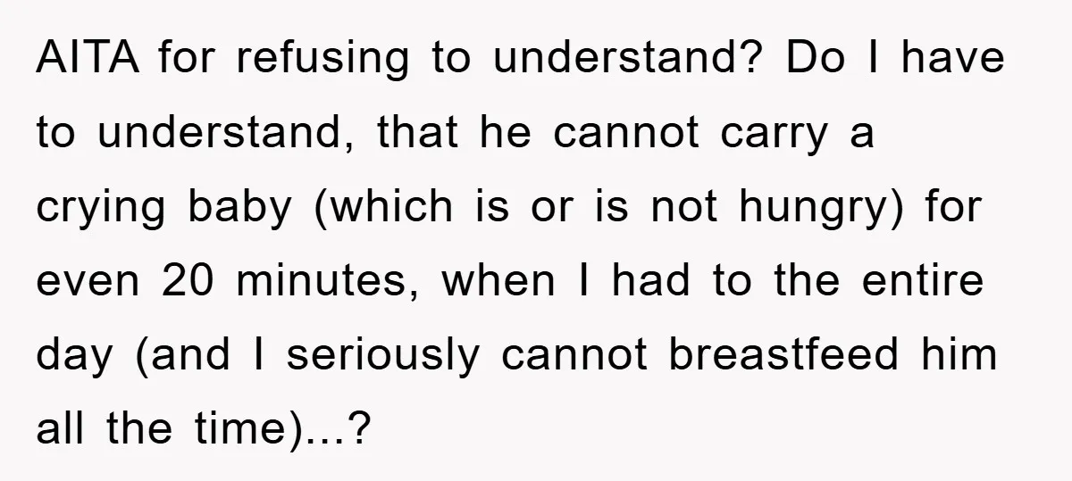 AITA for refusing to understand? Do I have to understand, that he cannot carry a crying baby (which is or is not hungry) for even 20 minutes, when I had...