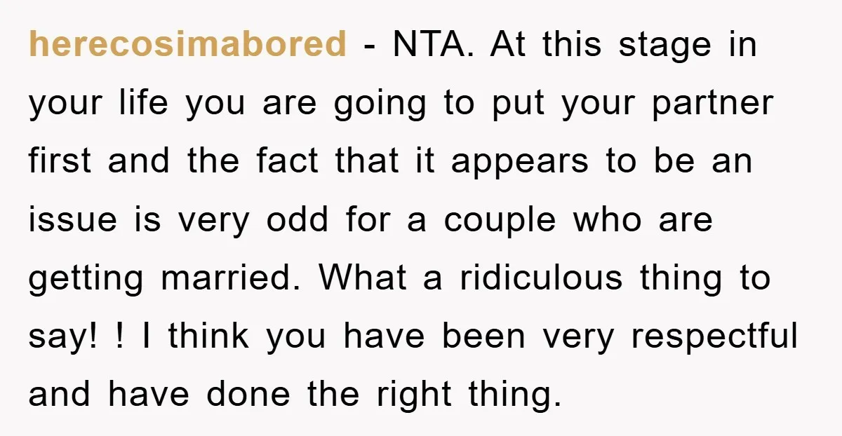 herecosimabored − NTA. At this stage in your life you are going to put your partner first and the fact that it appears to be an issue is very odd...