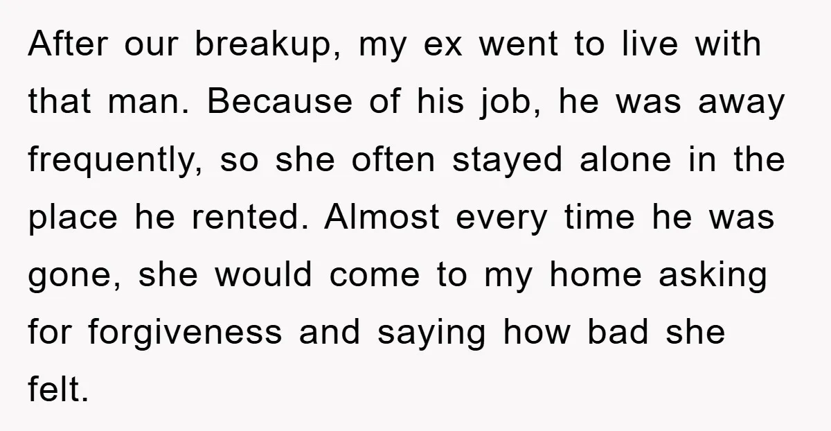 After our breakup, my ex went to live with that man. Because of his job, he was away frequently, so she often stayed alone in the place he rented. Almost...