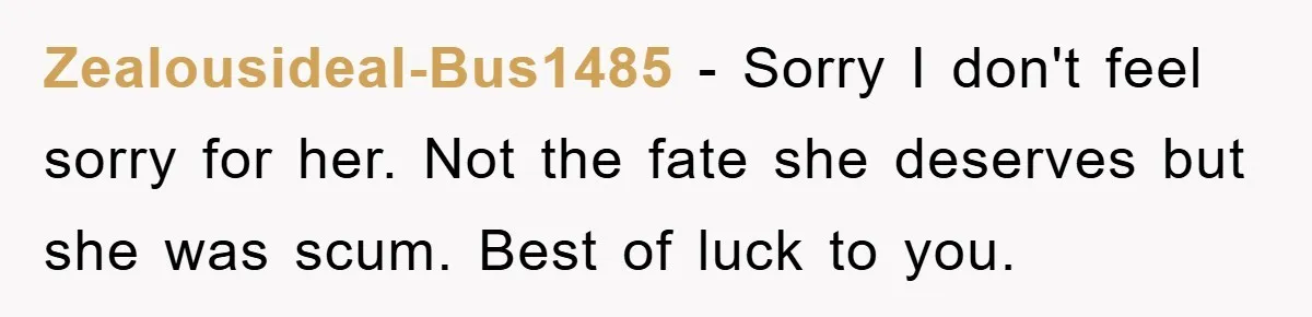 Zealousideal-Bus1485 − Sorry I don't feel sorry for her. Not the fate she deserves but she was scum. Best of luck to you.