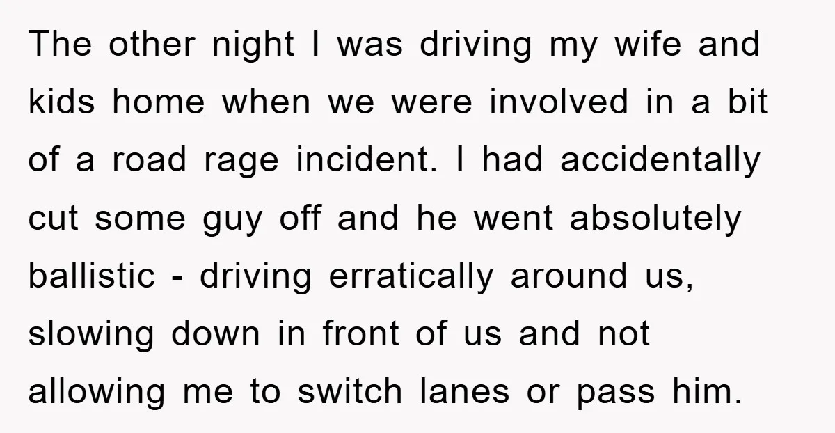 The other night I was driving my wife and kids home when we were involved in a bit of a road rage incident. I had accidentally cut some guy off...