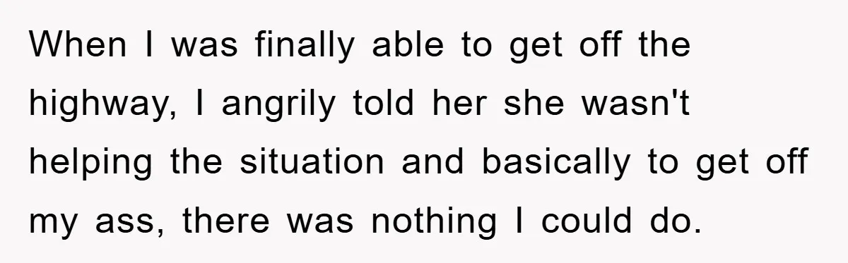 When I was finally able to get off the highway, I angrily told her she wasn't helping the situation and basically to get off my ass, there was nothing I...