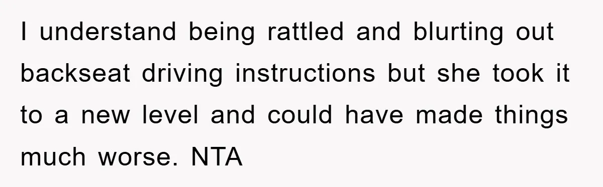 I understand being rattled and blurting out backseat driving instructions but she took it to a new level and could have made things much worse. NTA