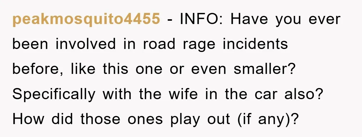 peakmosquito4455 − INFO: Have you ever been involved in road rage incidents before, like this one or even smaller? Specifically with the wife in the car also? How did those...