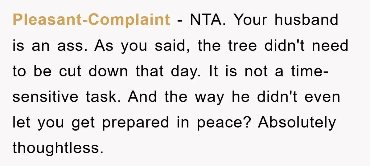Pleasant-Complaint − NTA. Your husband is an ass. As you said, the tree didn't need to be cut down that day. It is not a time-sensitive task. And the way...