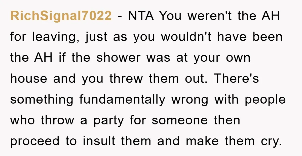 RichSignal7022 - NTA You weren't the AH for leaving, just as you wouldn't have been the AH if the shower was at your own house and you threw them out....