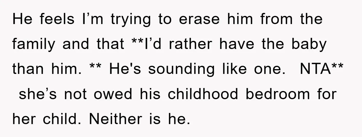 He feels I’m trying to erase him from the family and that **I’d rather have the baby than him. ** He's sounding like one. NTA** she’s not owed his childhood...