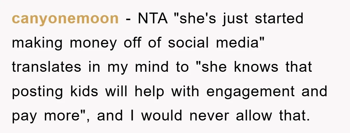 canyonemoon − NTA "she's just started making money off of social media" translates in my mind to "she knows that posting kids will help with engagement and pay more", and...