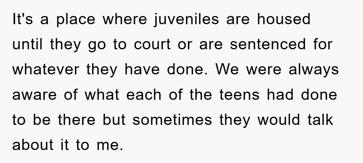 It's a place where juveniles are housed until they go to court or are sentenced for whatever they have done. We were always aware of what each of the teens...