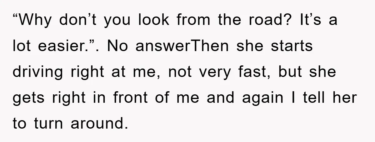 “Why don’t you look from the road? It’s a lot easier.”. No answerThen she starts driving right at me, not very fast, but she gets right in front of me...