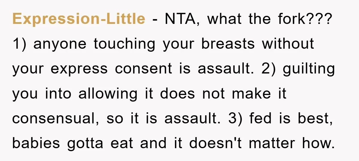 Expression-Little - NTA, what the fork??? 1) anyone touching your breasts without your express consent is assault. 2) guilting you into allowing it does not make it consensual, so it...