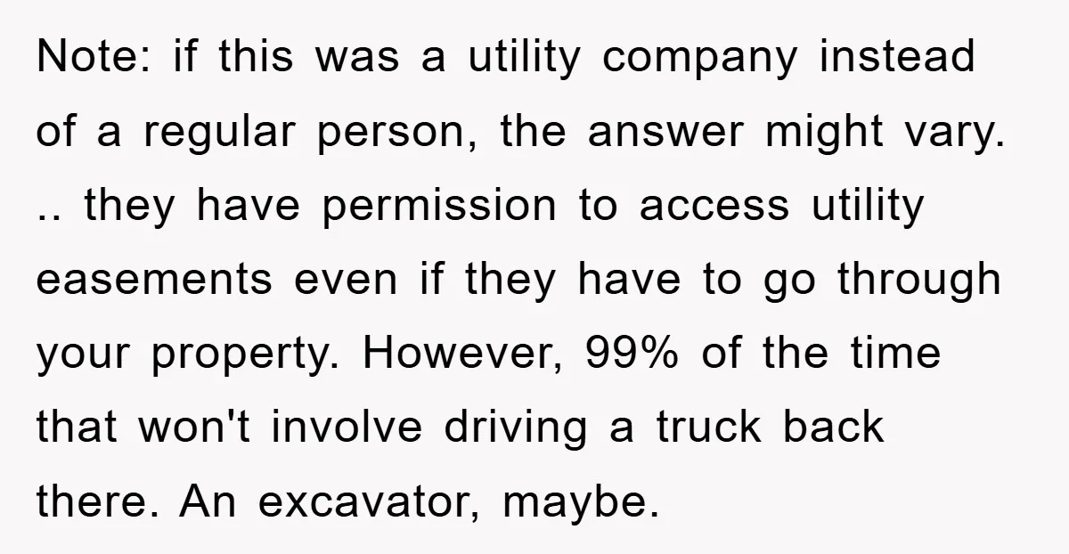Note: if this was a utility company instead of a regular person, the answer might vary. .. they have permission to access utility easements even if they have to go...