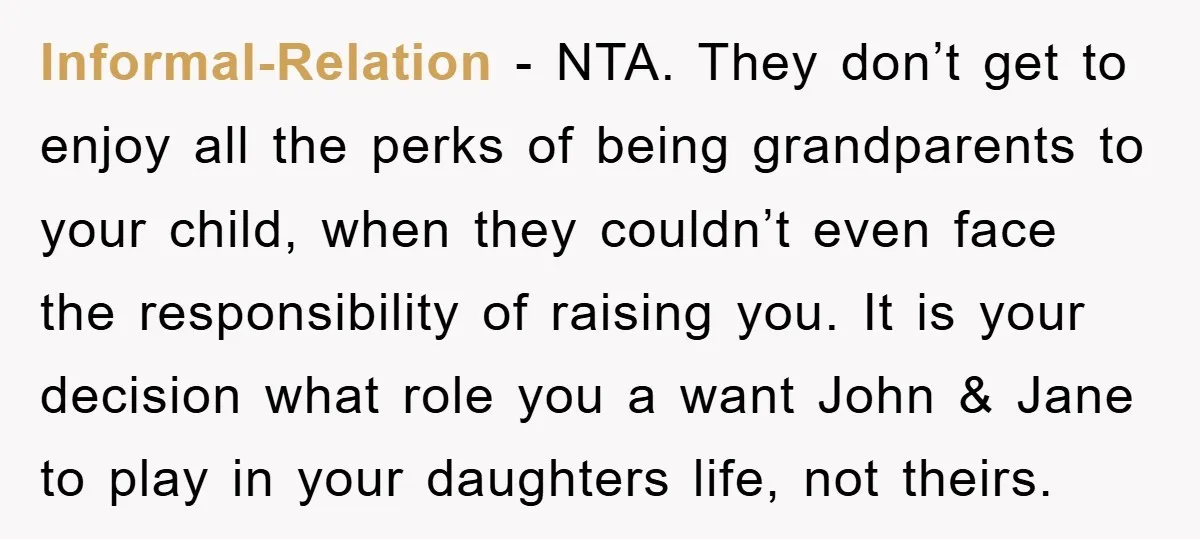 Informal-Relation − NTA. They don’t get to enjoy all the perks of being grandparents to your child, when they couldn’t even face the responsibility of raising you. It is your...