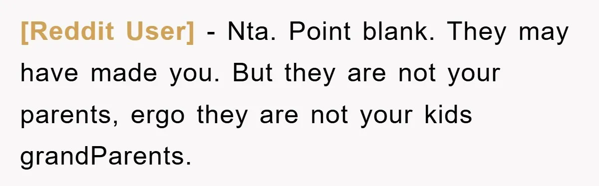 [Reddit User] − Nta. Point blank. They may have made you. But they are not your parents, ergo they are not your kids grandParents.