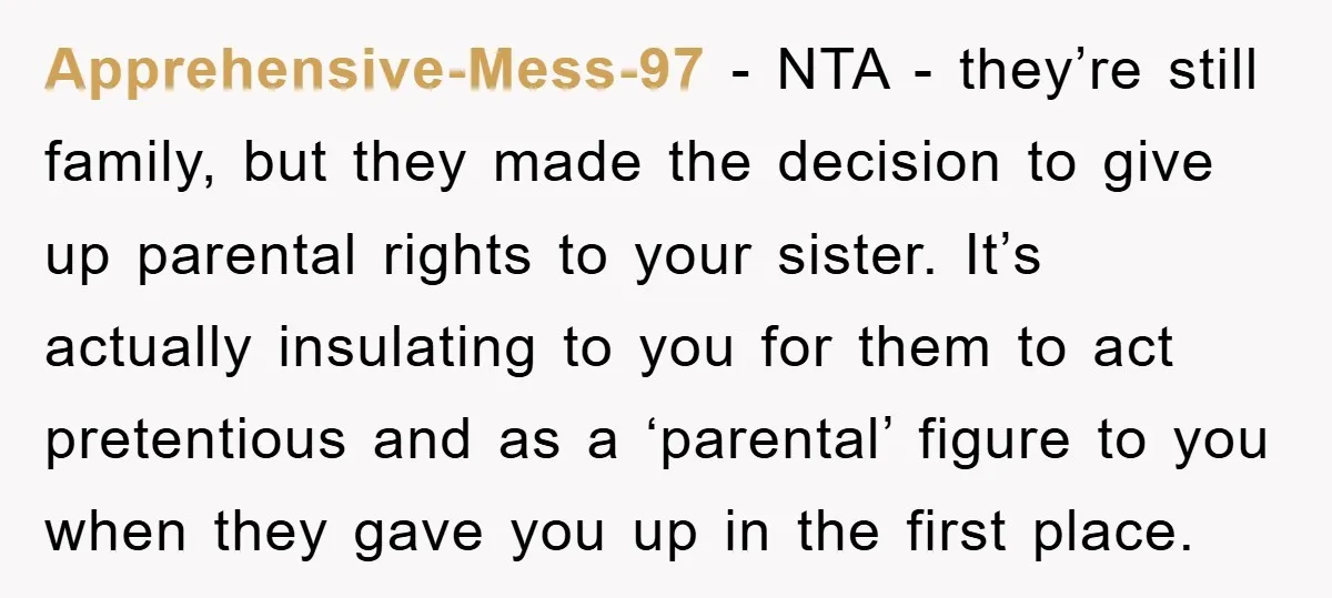 Apprehensive-Mess-97 − NTA - they’re still family, but they made the decision to give up parental rights to your sister. It’s actually insulating to you for them to act pretentious...