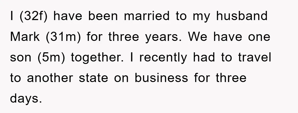 I (32f) have been married to my husband Mark (31m) for three years. We have one son (5m) together. I recently had to travel to another state on business for...