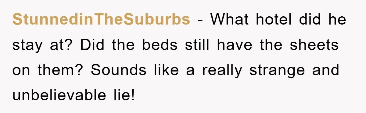 StunnedinTheSuburbs − What hotel did he stay at? Did the beds still have the sheets on them? Sounds like a really strange and unbelievable lie!