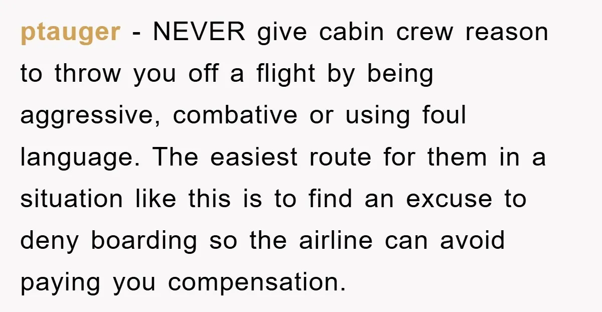 ptauger - NEVER give cabin crew reason to throw you off a flight by being aggressive, combative or using foul language. The easiest route for them in a situation like...