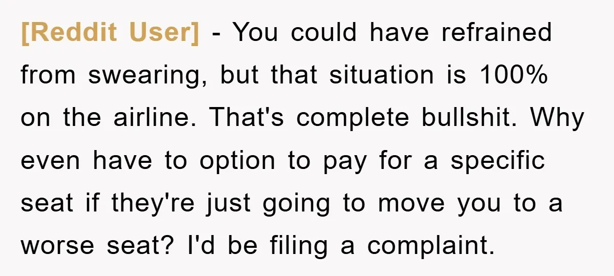[Reddit User] - You could have refrained from swearing, but that situation is 100% on the airline. That's complete bullshit. Why even have to option to pay for a specific...