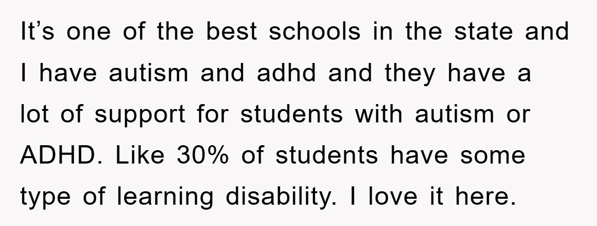 It’s one of the best schools in the state and I have autism and adhd and they have a lot of support for students with autism or ADHD. Like 30%...