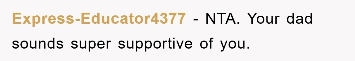 Express-Educator4377 − NTA. Your dad sounds super supportive of you.