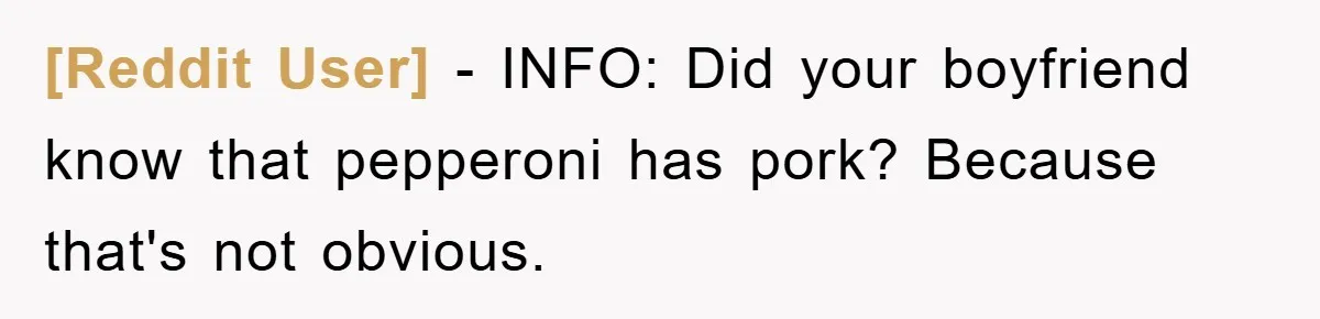 [Reddit User] - INFO: Did your boyfriend know that pepperoni has pork? Because that's not obvious.