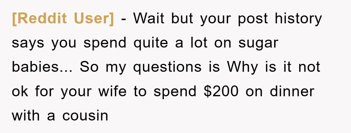[Reddit User] - Wait but your post history says you spend quite a lot on sugar babies... So my questions is Why is it not ok for your wife to...