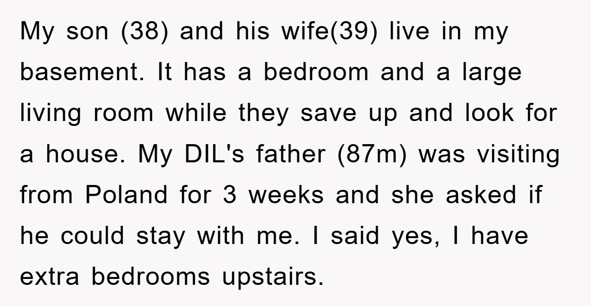 My son (38) and his wife(39) live in my basement. It has a bedroom and a large living room while they save up and look for a house. My DIL's...