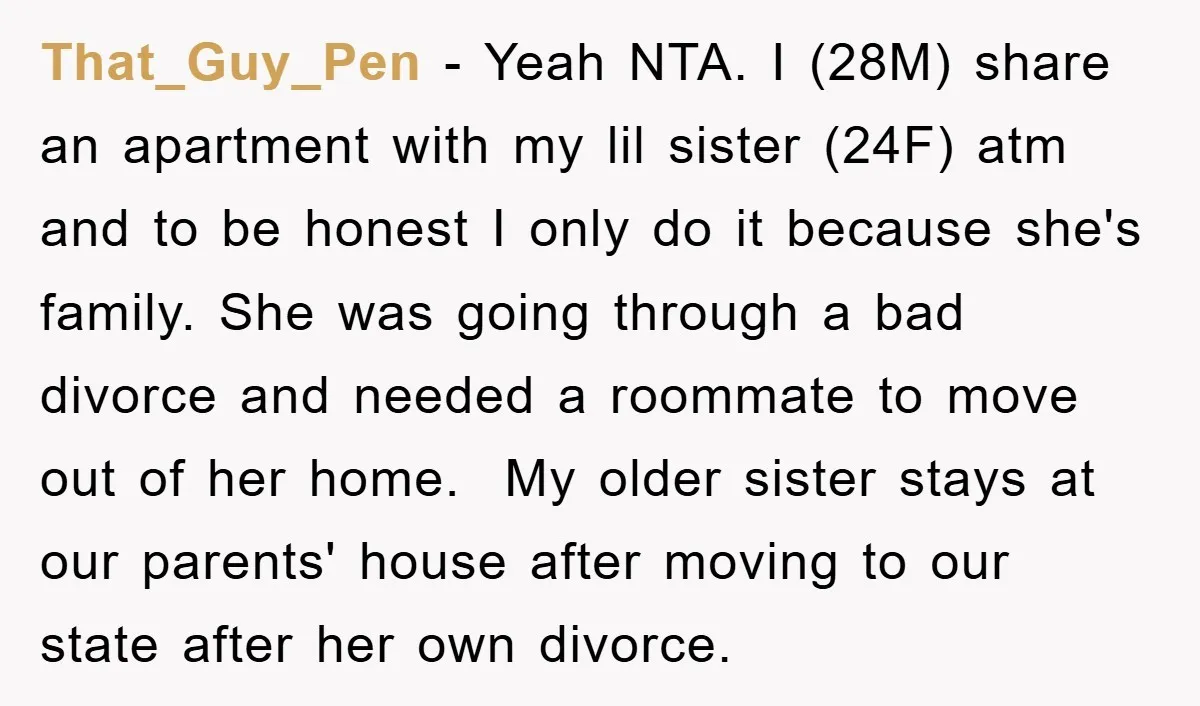 That_Guy_Pen − Yeah NTA. I (28M) share an apartment with my lil sister (24F) atm and to be honest I only do it because she's family. She was going through...