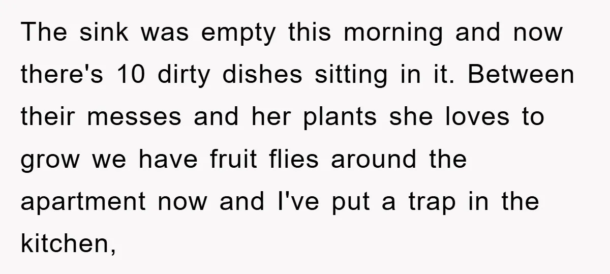 The sink was empty this morning and now there's 10 dirty dishes sitting in it. Between their messes and her plants she loves to grow we have fruit flies around...