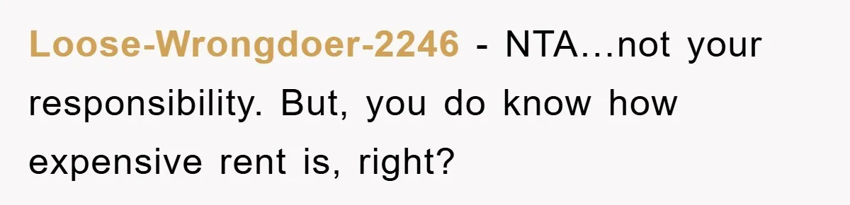 Loose-Wrongdoer-2246 − NTA…not your responsibility. But, you do know how expensive rent is, right?