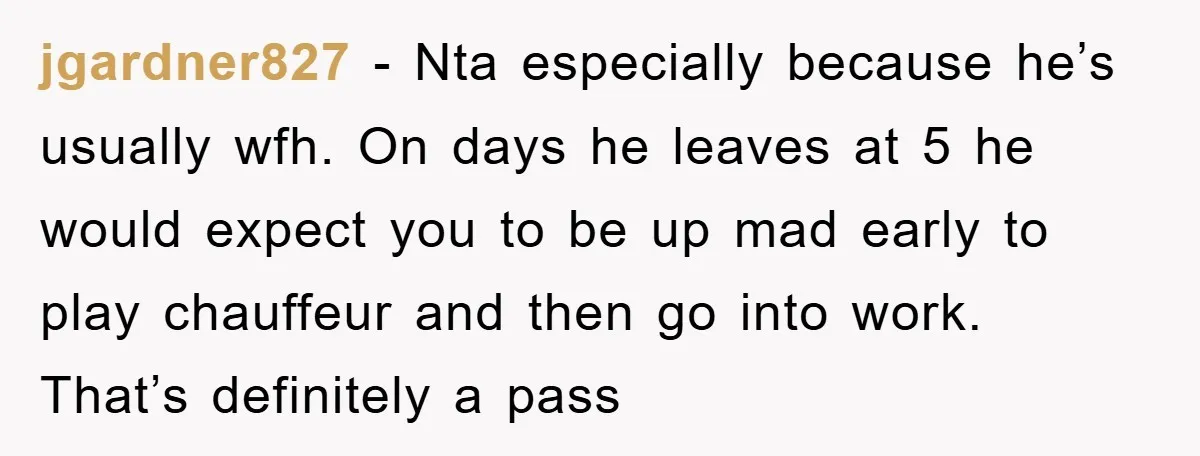 jgardner827 - Nta especially because he’s usually wfh. On days he leaves at 5 he would expect you to be up mad early to play chauffeur and then go into...