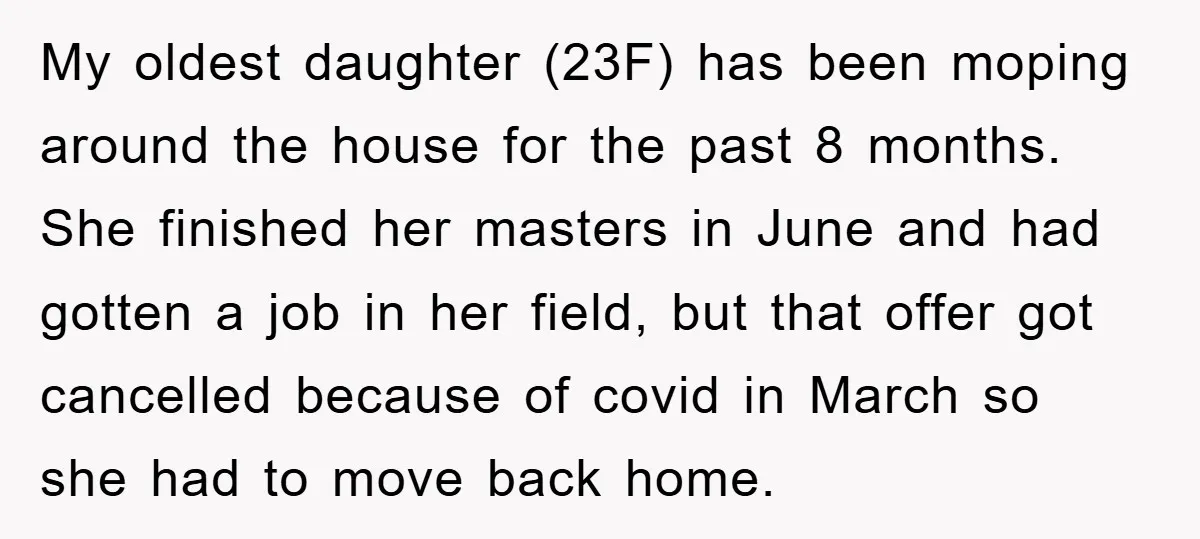 My oldest daughter (23F) has been moping around the house for the past 8 months. She finished her masters in June and had gotten a job in her field, but...